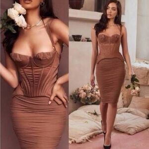 House Of CB Talya XS Dress - Satin & Ruching in Brown
